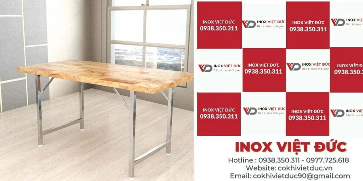 Bàn gấp chân inox mặt gỗ 22 19