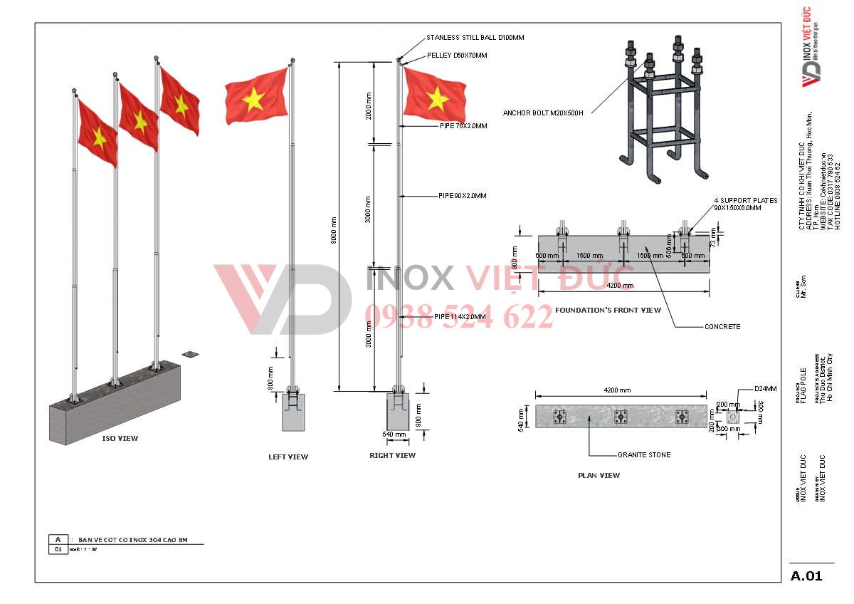 Bản vẽ Cột cờ Inox 304 cao 8m