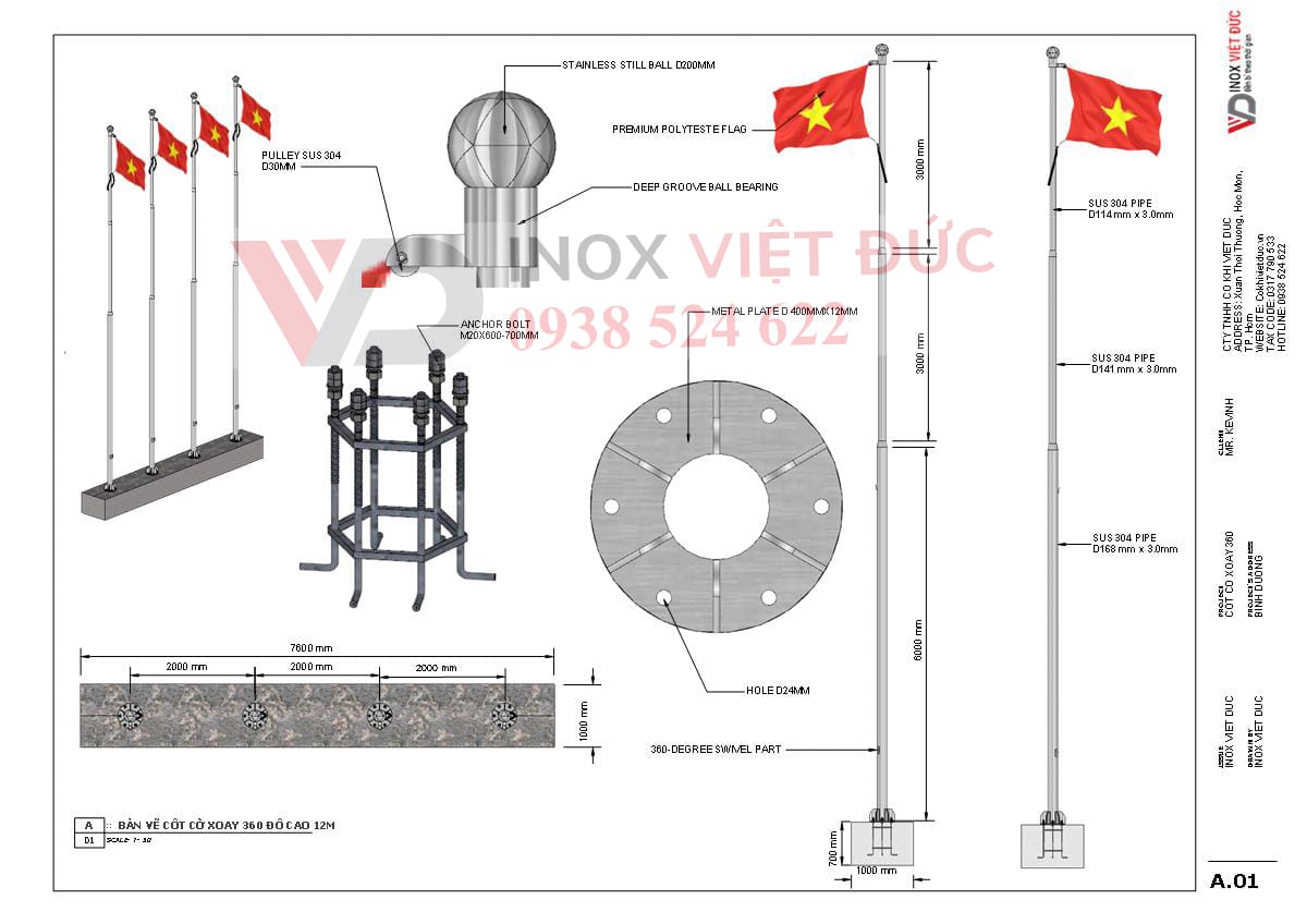 Bản vẽ cột cờ xoay 360